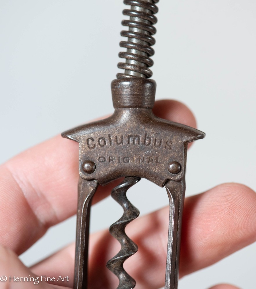 Antique Columbus Spring Assisted Corkscrew Split Barrel, Wood Handle