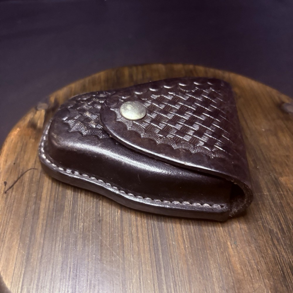 Sun Leather Handcuff Case Tooled Basketweave Leather w/ Chrome Snap