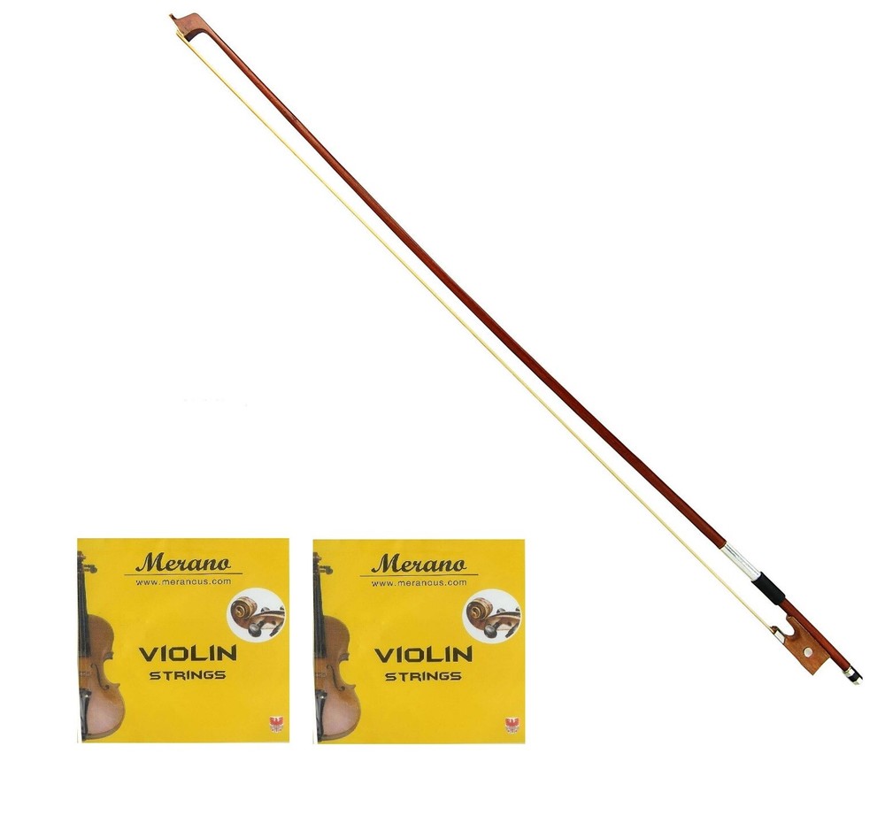 New Merano Violin Bow + 2 Sets Strings ( 8 Pieces ) 4/4 Full Size