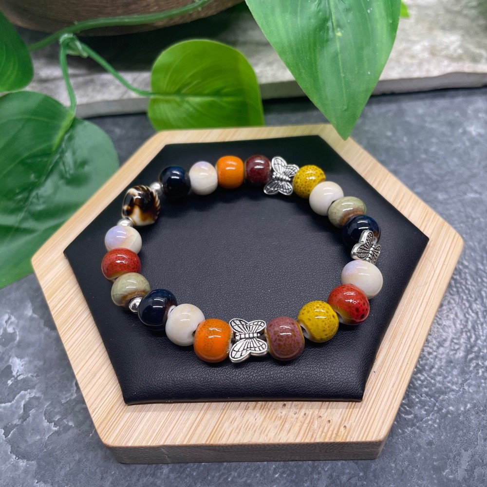 Handmade Ceramic Bead Beaded Stackable 6” Plus Stretch Bracelet New B530
