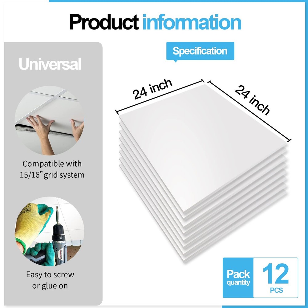 Art3d 12-Pack Smooth Drop Ceiling Tile 2ft x - 24*24, Off-White
