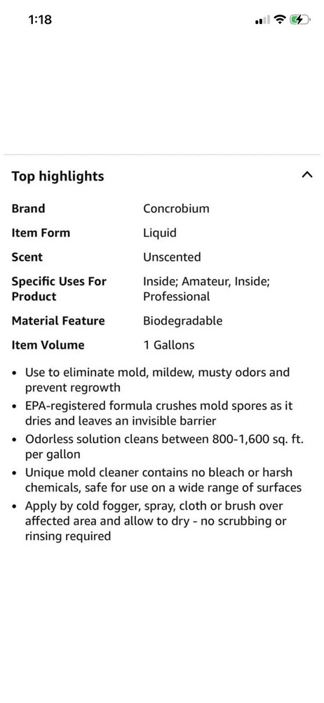 Concrobium Mold Control Liquid Unscented 1 Gallon EPA Registered Biodegradable
