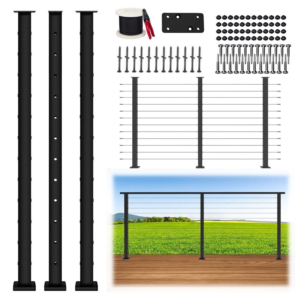 10FT Black Cable Railing Post Kit - 3 Line Deck System for DIY Projects