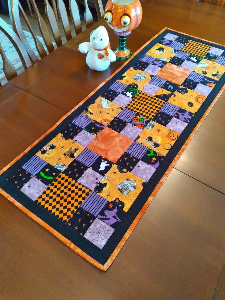 Handmade Quilted Halloween Reversible Table Runner, Table Topper