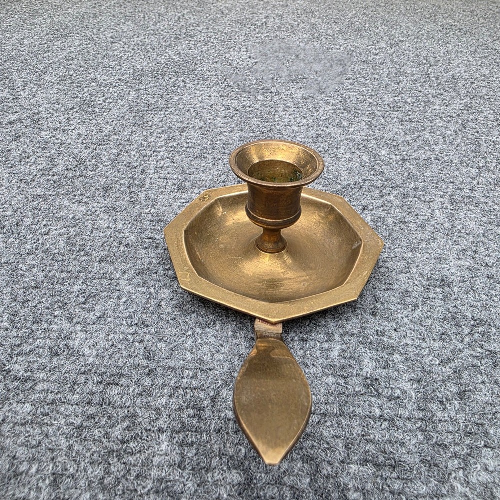 Vintage Heavy Solid Brass Chamberstick Candle Holder Octagonal Base Finger Loop
