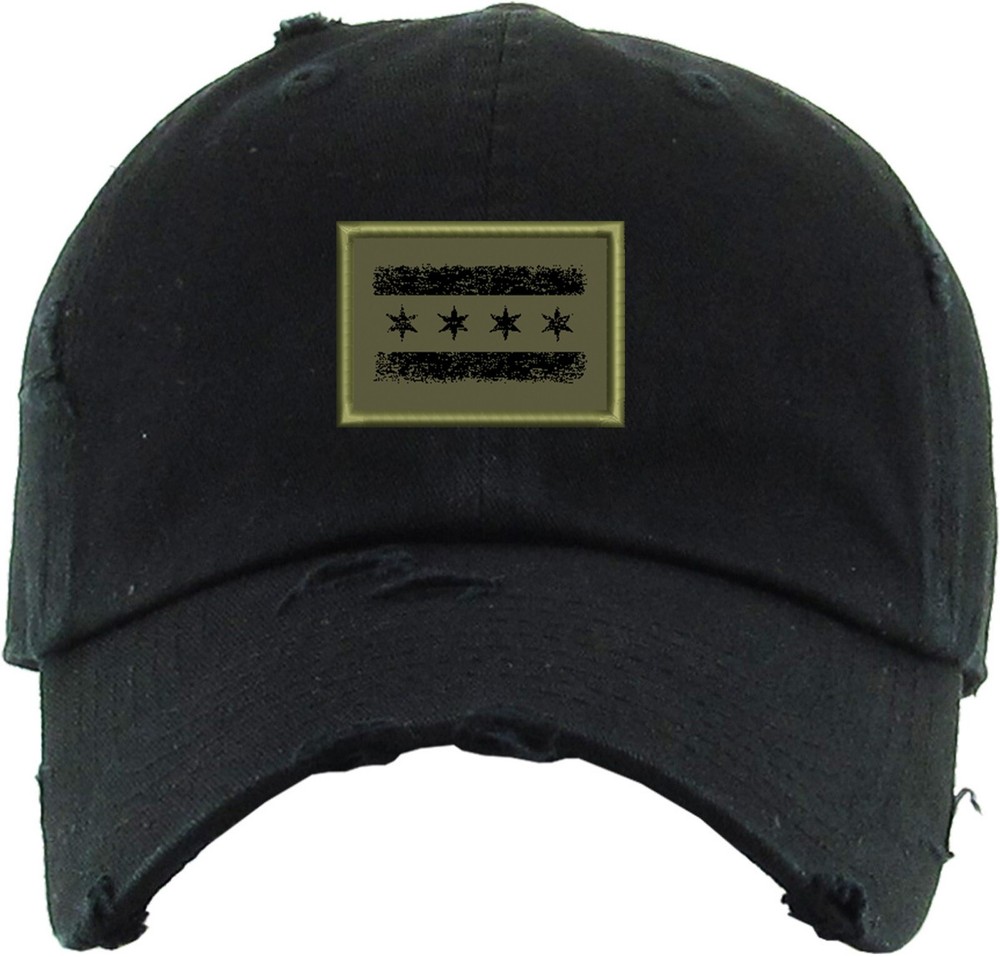 Chicago Flag Patch Olive Green Distressed Hat Slouch Vintage Black