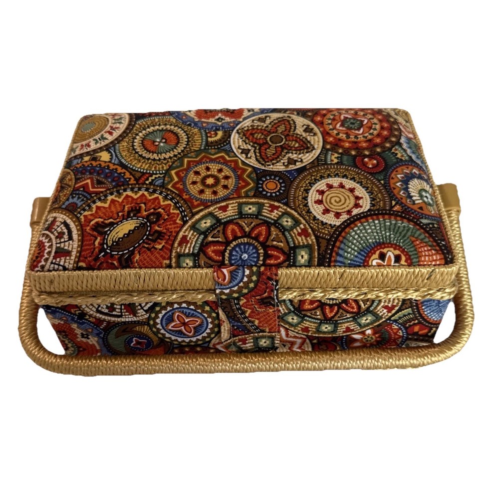 Sewing Basket Fabric Covered Rectangular Straps Handle Plastic Insert