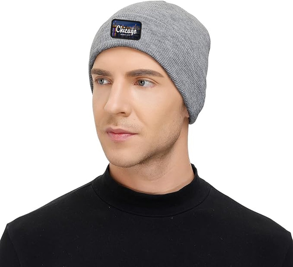 Chicago Skyline Windy City Patch Cuffed Knit Hat Grey