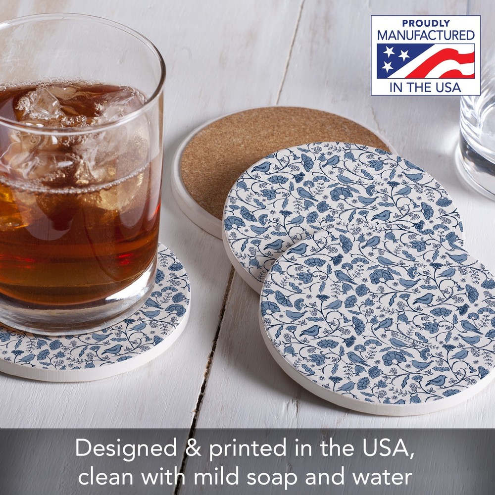 Vintage Flock 4 Pack Round Absorbent Stone Coasters with Protective Cork Backing