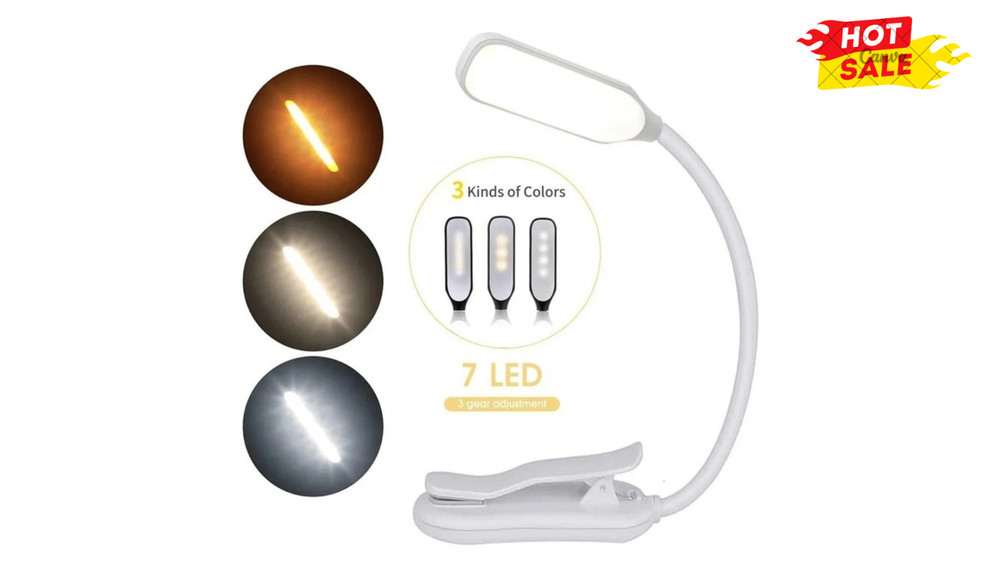 7 LED Book Light USB Rechargeable, 3-Level Adjustable Clip-on Reading Lamp White