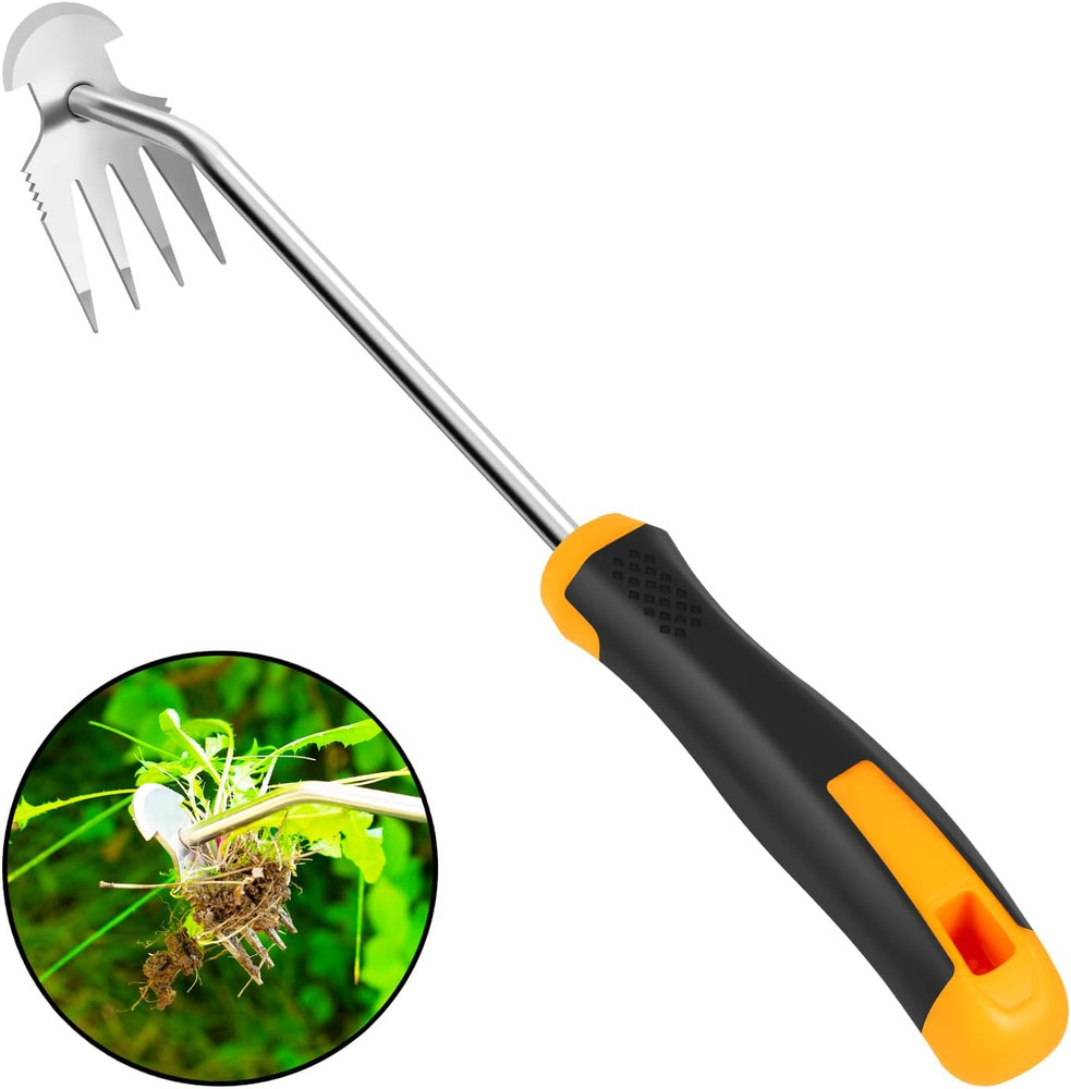 Handheld Weed Puller Tool, Rubber Handle, 4 Teeth for Garden, Farm, Weeding