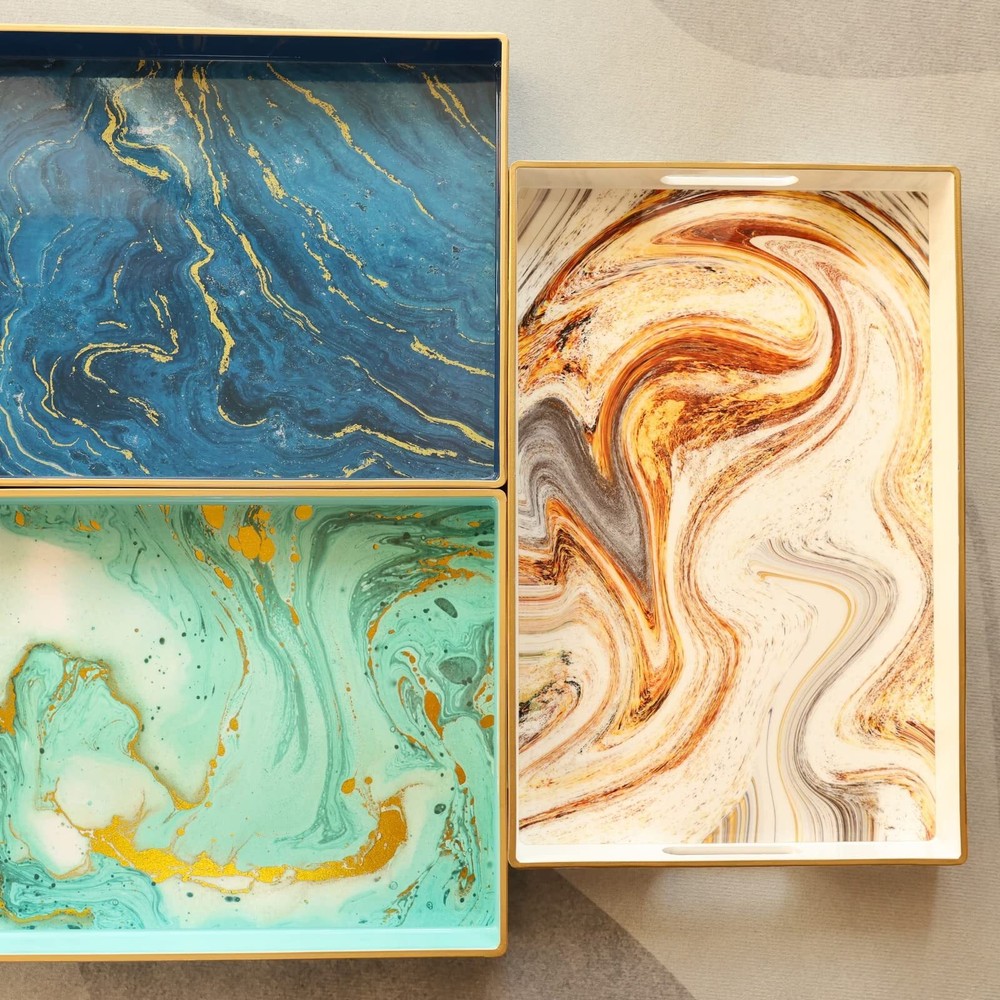 Turquoise Marbling Decorative Tray with Handles Morden Plastic Rectangular Se...