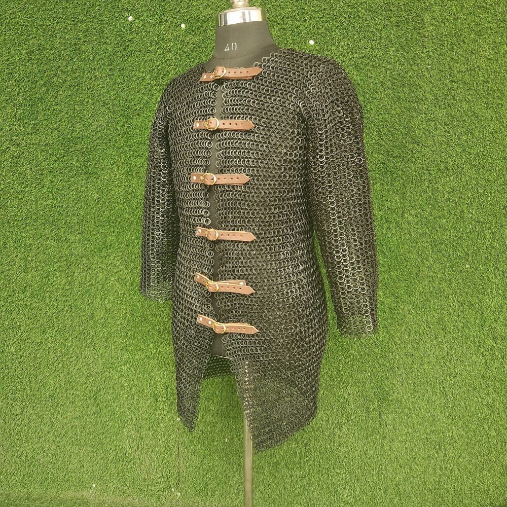 9mm Chainmail Shirt – Flat Riveted with Solid Rings, Black Haubergeon