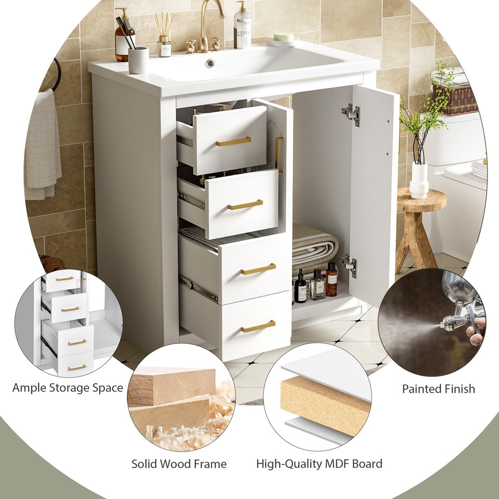 30'' Bathroom Vanity with Ceramic Sink Combo,Solid Wood Frame Bathroom Cabinet