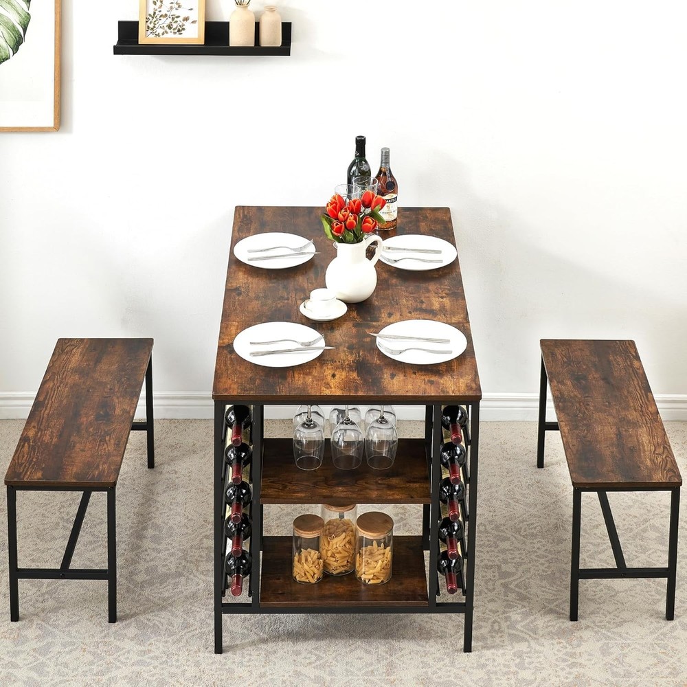 Dining Table Set for 4, Rectangular Table with Wine Rack,Storage Shelf,2 Benches