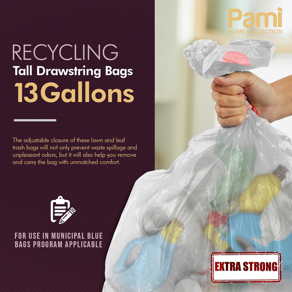 PAMI Recycling Tall Kitchen Drawstring Trash Bags- Extra-Strong Plastic Garba...