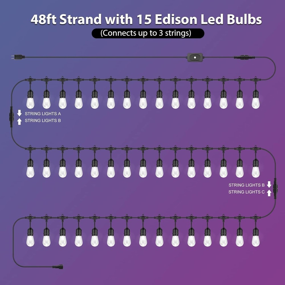 Waterproof RGB 48FT Outdoor String Lights with Dimmable Remote Functionality