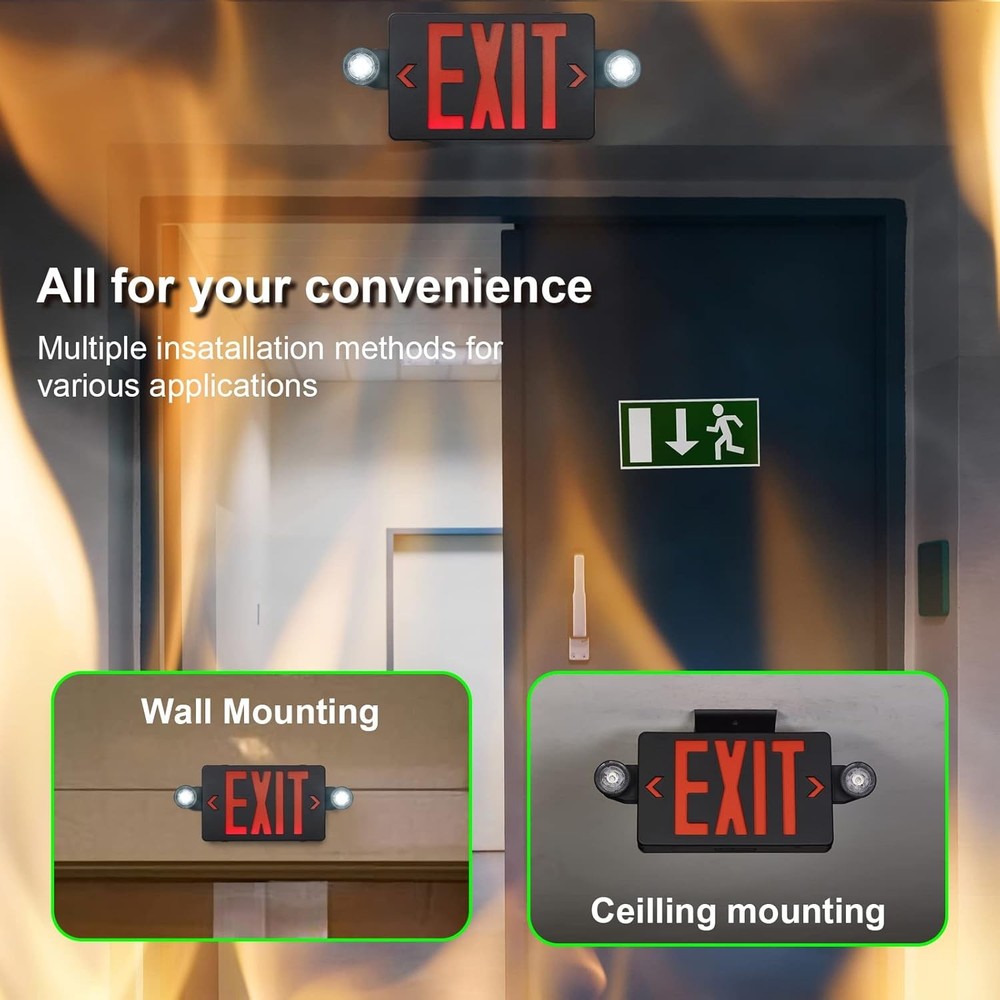 Black Exit Sign with Emergency Lights, LED Emergency Exit Light with Battery Bac