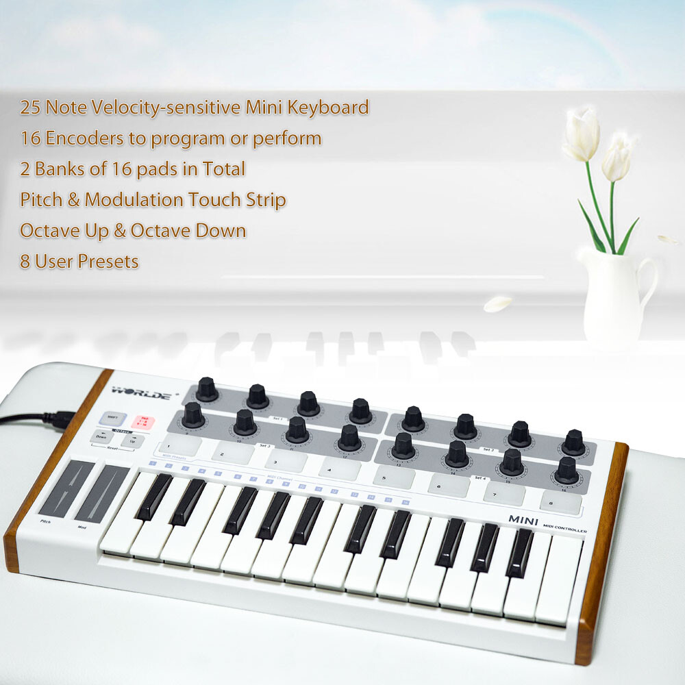 Worlde Keyboard Controller Mini 25-Key USB MIDI Drum Pad Instruments Electronic