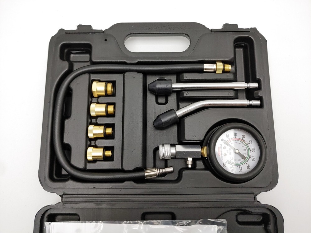 Compression Test Kit in Case 8 Piece Engine Cylinder Auto Motorcycle 300psi 20"
