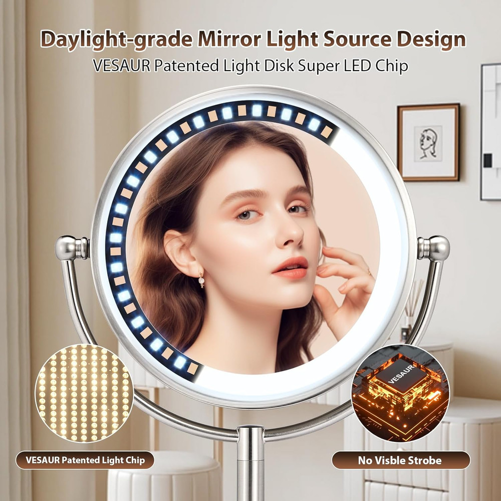 Professional 8.5" Large Lighted Makeup Mirror with Brighter Lights, 1X/10X True