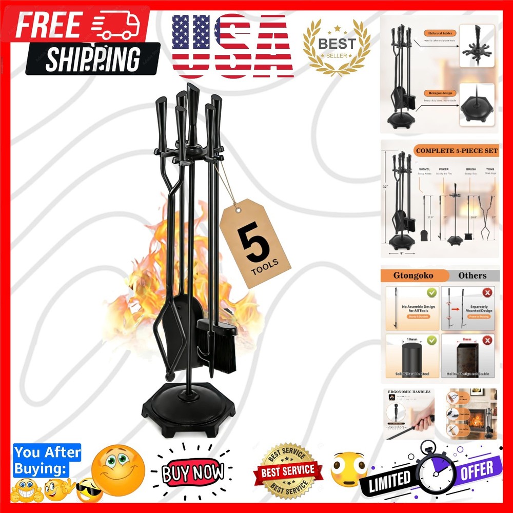 5 Pcs Fireplace Tools Set 32" Black Wrought Iron Large Fire Tool Set for Outd...