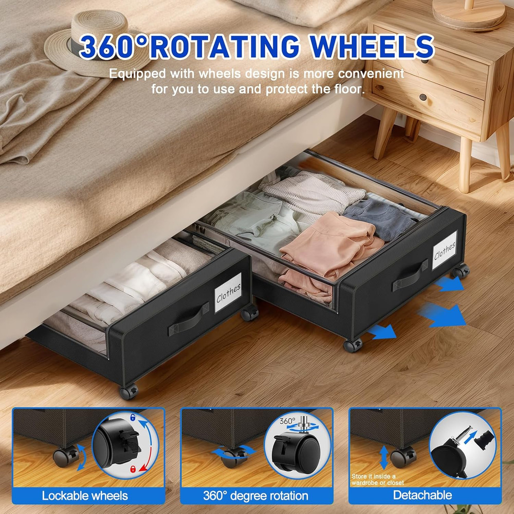 Beborxue under Bed Storage with Wheels, 4-Pack Underbed Storage Containers with