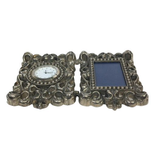 Silver-Plated Picture Frame & Clock Desk Top Beautiful Ornate Scroll Work Design