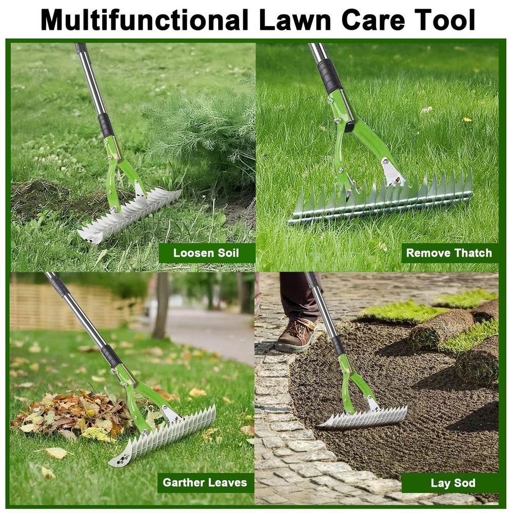 15 Inch Thatch Rake Lawn Dethatcher Dead Grass Remover Adjustable Handle