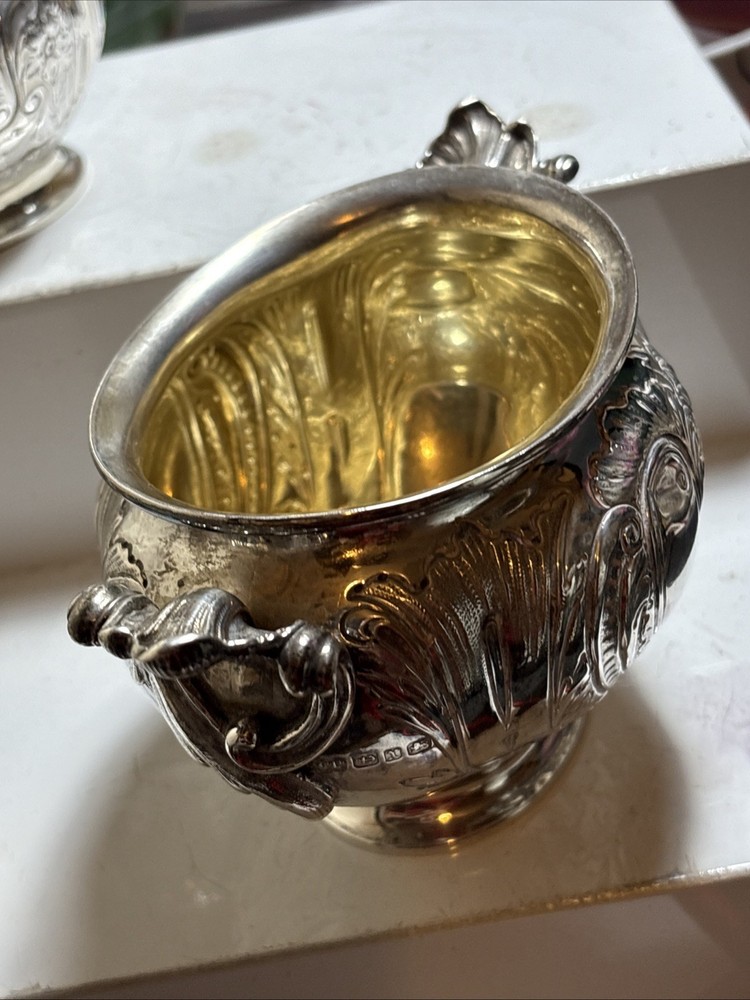 Antique Victorian Solid silver embossed Cream Jug&Sugar Elkington&co 1897.