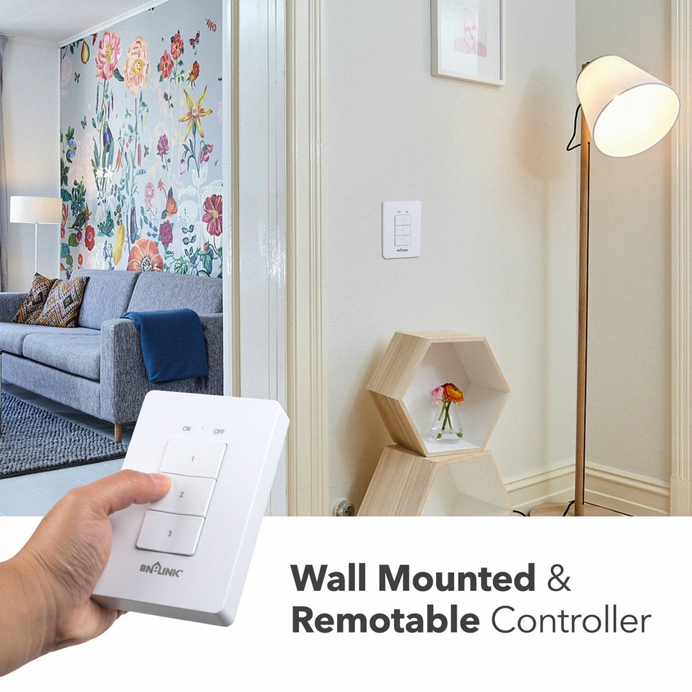 BN-LINK 3Pcs Wireless Wall-Mounting Remote Control Outlet Switch Power Plug In