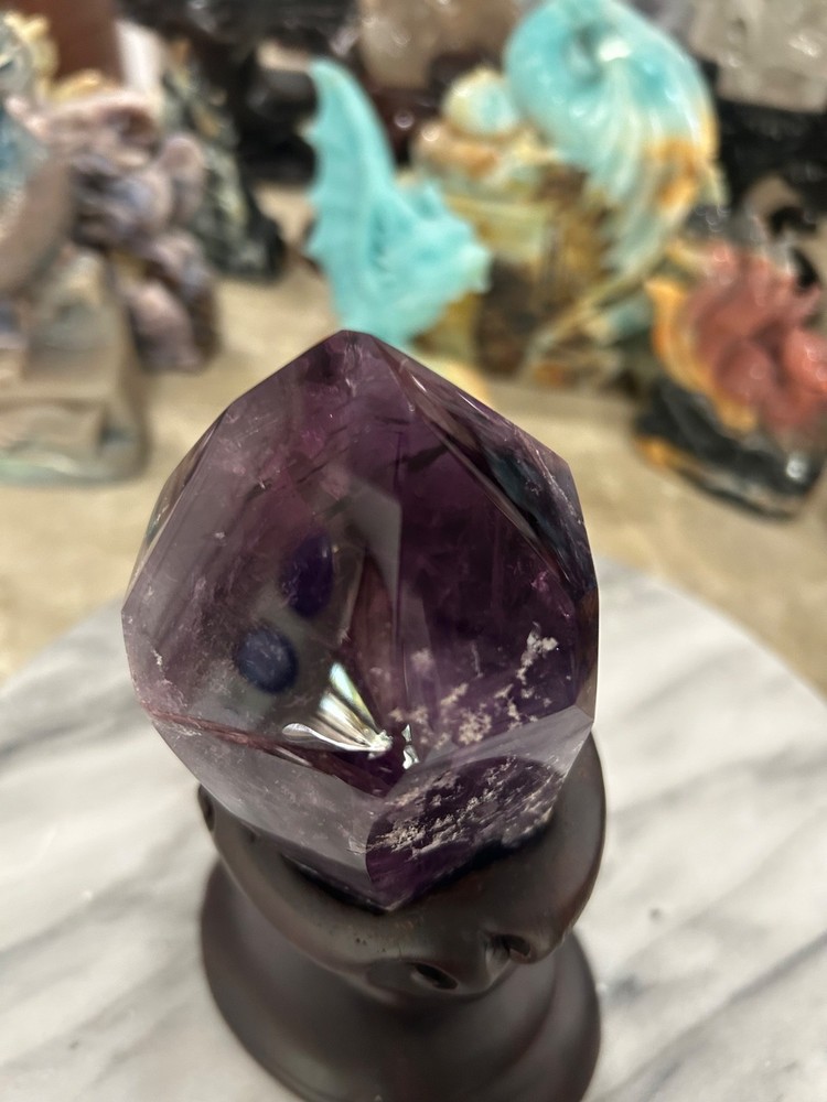 Amethyst quartz point with custom wood stand