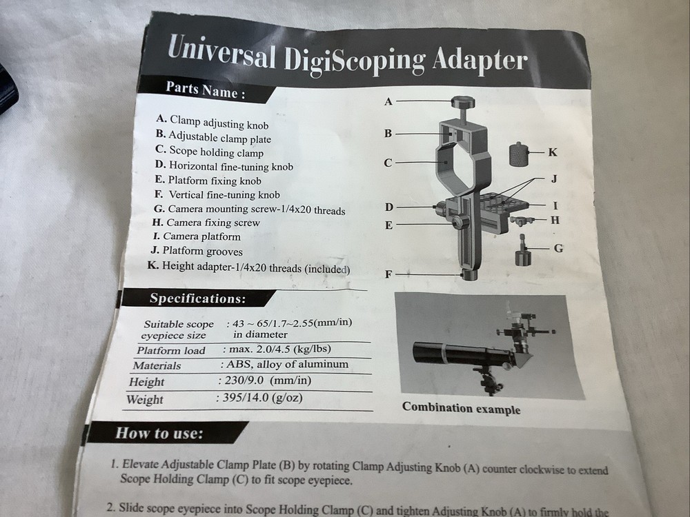 Universal DigiScoping Adapter 43-65mm w/instructions - Excellent condition!