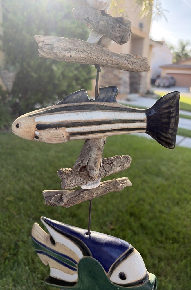 Hazel Olsen Attributed Driftwood Fish Pottery Shells Wind Chime Wall Hanging