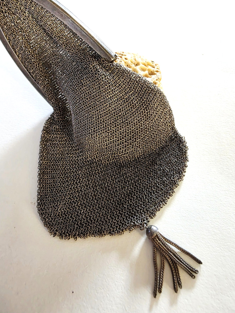 Antique Solid Silver 800 German Small Mesh Handbag Purse with Mesh Handle Strap.