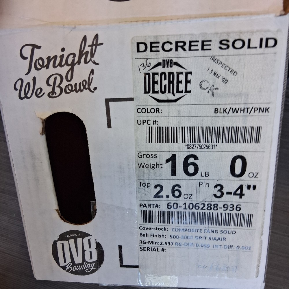 DV8 Decree Solid BOWLING ball 16 lb 1ST QUALITY NEW IN BOX #071