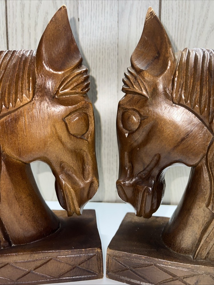 Vintage Pair Monkey Pod Solid Wood Horse Bookends Rustic GUC