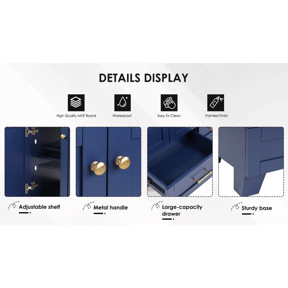 30" Blue Bathroom Vanity w/Ceramic Sink,Soft Close Drawers, Solid Wood Frame