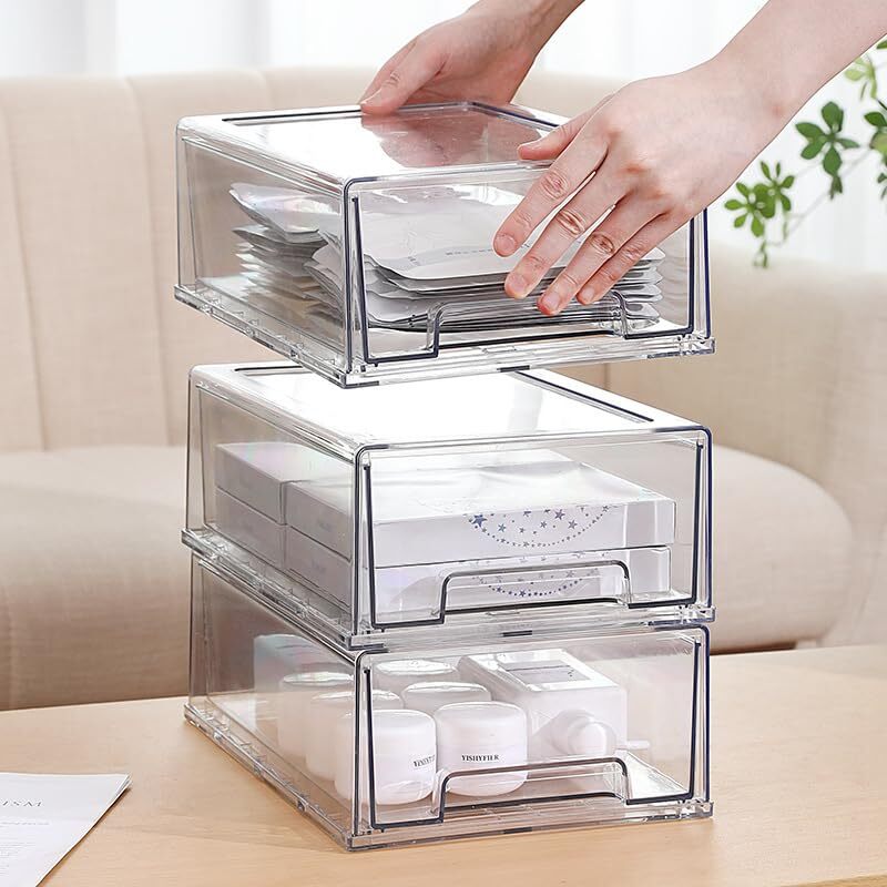 Stackable Storage Drawer, Clear Pull Out Plastic 12.6 x8.27 x 4.33, 2 Pack