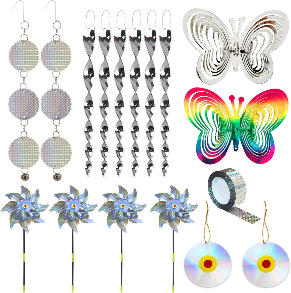 Bird Repellent Set - Includes 2 Reflective Pinwheels, 2 Butterfly Wind Spinners,