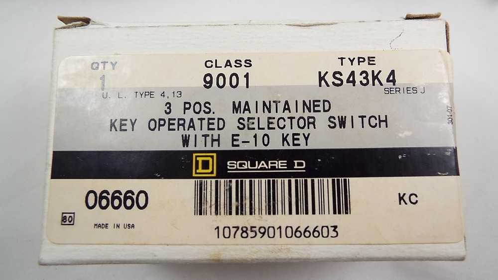 SQUARE D 9001-KS43K4 SELECTOR SWITCH OPERATOR 30MM KEY REMOVE LEFT SWITCH 3 POSI