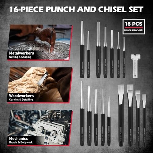 25-Piece Punch and Chisel Set with Roll Pin Punches, Includes Taper, Pin,