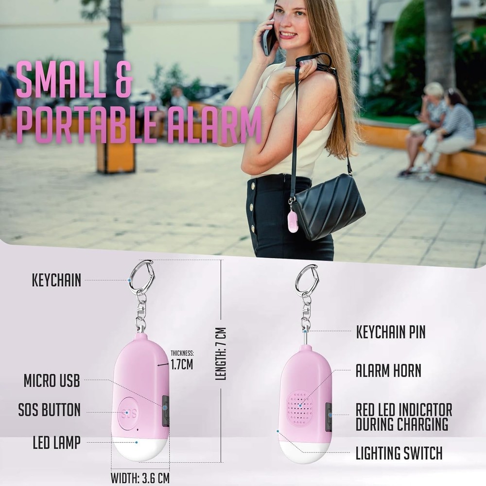 3-Pack Rechargeable Personal Safety Alarm with Strobe LED Flashlight