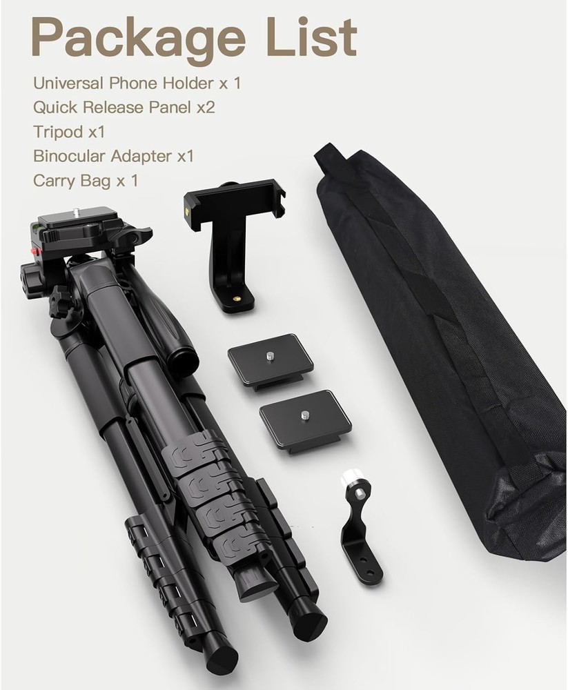 69” Tripod for Spotting Scopes, Binocular & Camera, Includes Binocular Adapter,