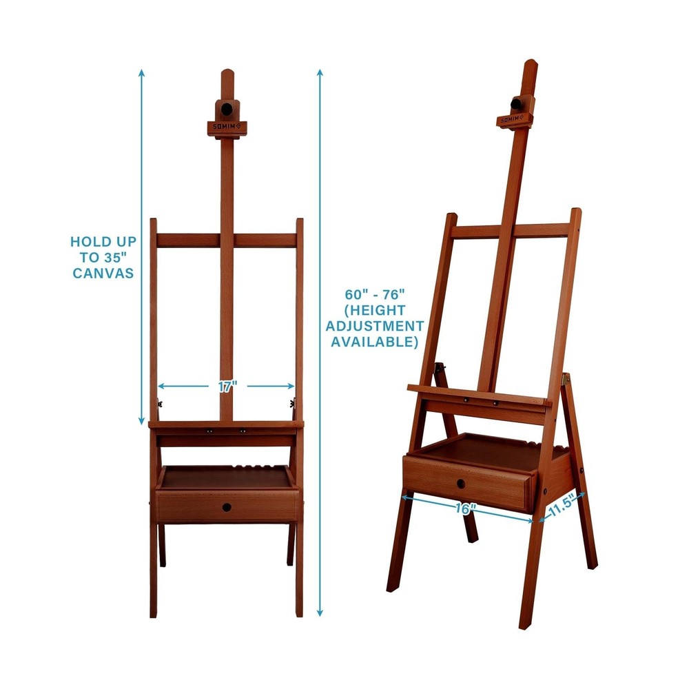 Large Wooden H-Frame Studio Easel, Solid Beechwood Easel Stand with Storage D...