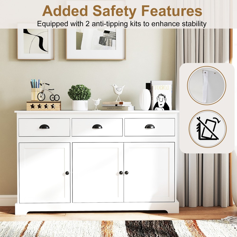 3 Drawers Sideboard Buffet Cabinet Console Table Kitchen Storage Cupboard White