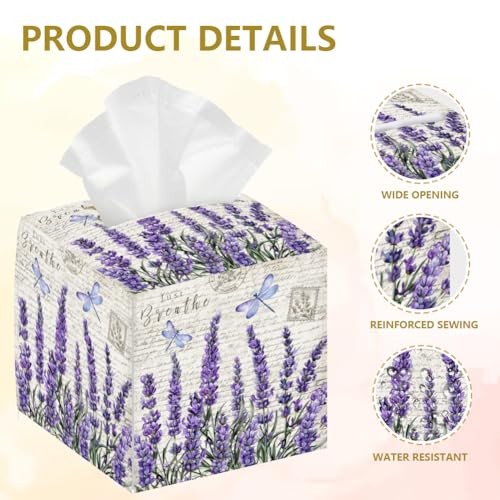 Tissue Box Holder, Flower Square Tissue Box Cover Foldable Tissue Lavender