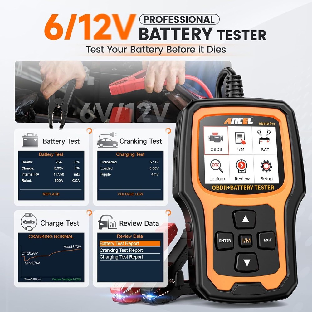 ANCEL AD410 PRO Battery Tester & OBD2 Scanner Auto Code Reader Diagnostic Tool