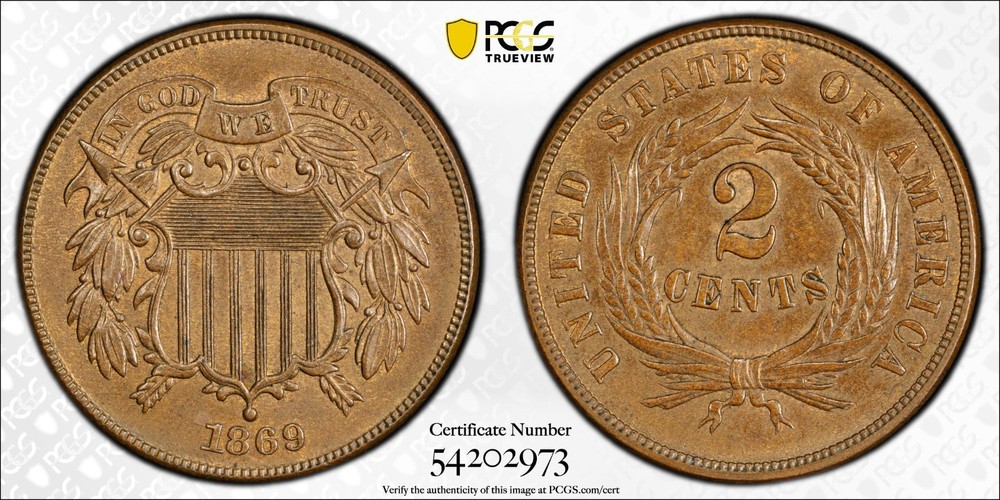 1869 PCGS MS64BN Brown 2 Cent Piece 2C