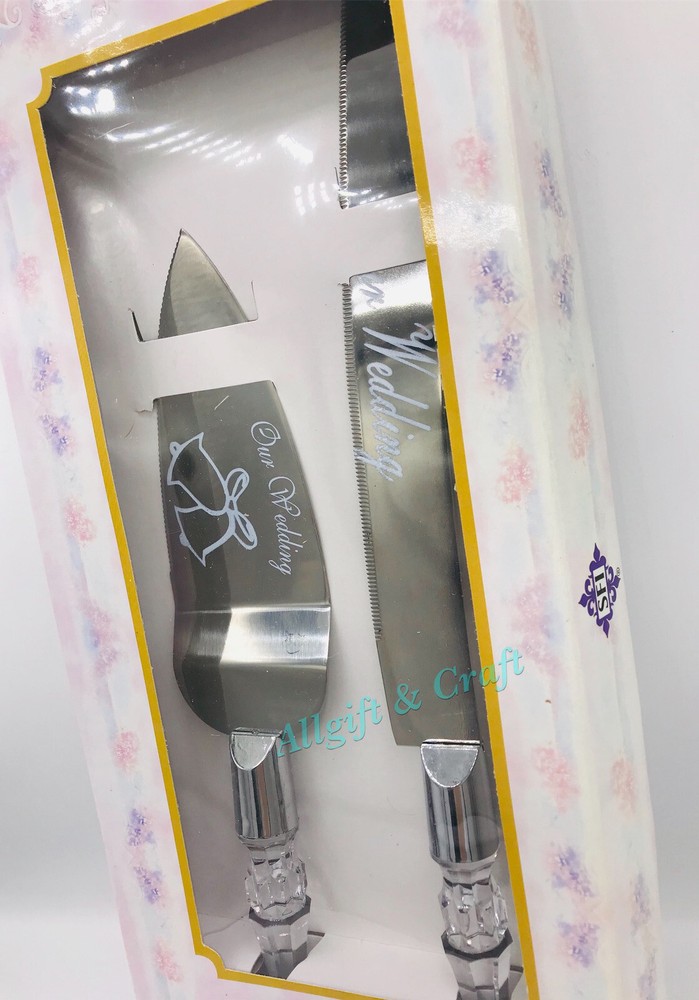 OUR WEDDING CAKE KNIFE AND SERVER SET EMBOSSED WITH BELL DESIGN - SILVER